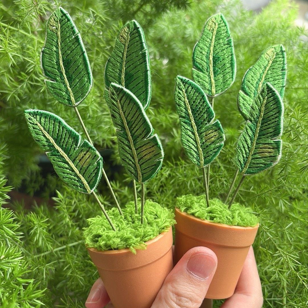 Handcrafted Embroidered Leaf Mini Plant