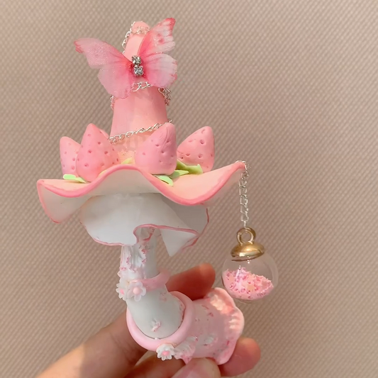 Handcrafted Pink Strawberry Butterfly Mushroom Fridge Magnet