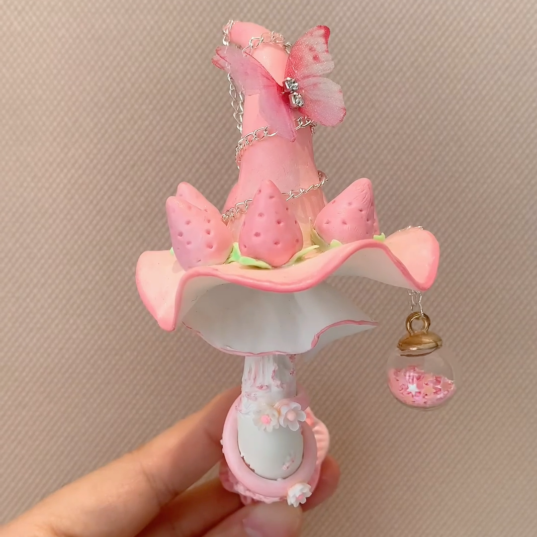 Handcrafted Pink Strawberry Butterfly Mushroom Fridge Magnet