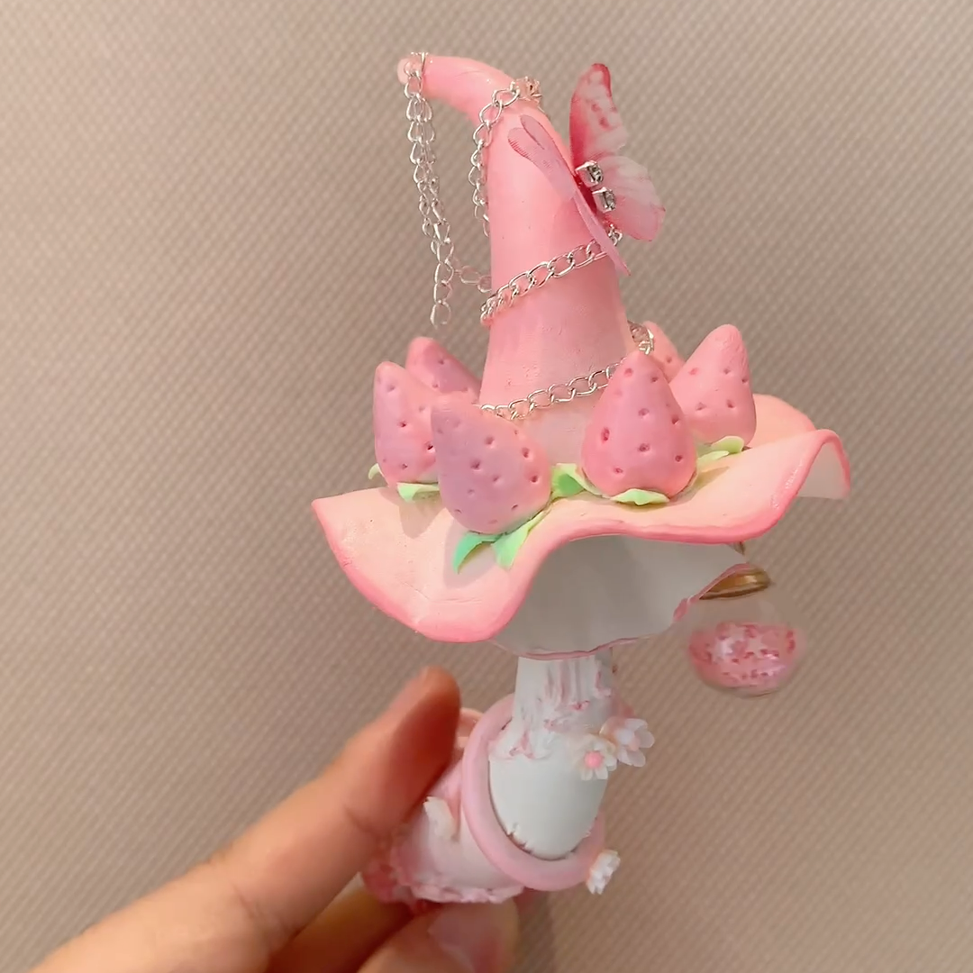 Handcrafted Pink Strawberry Butterfly Mushroom Fridge Magnet