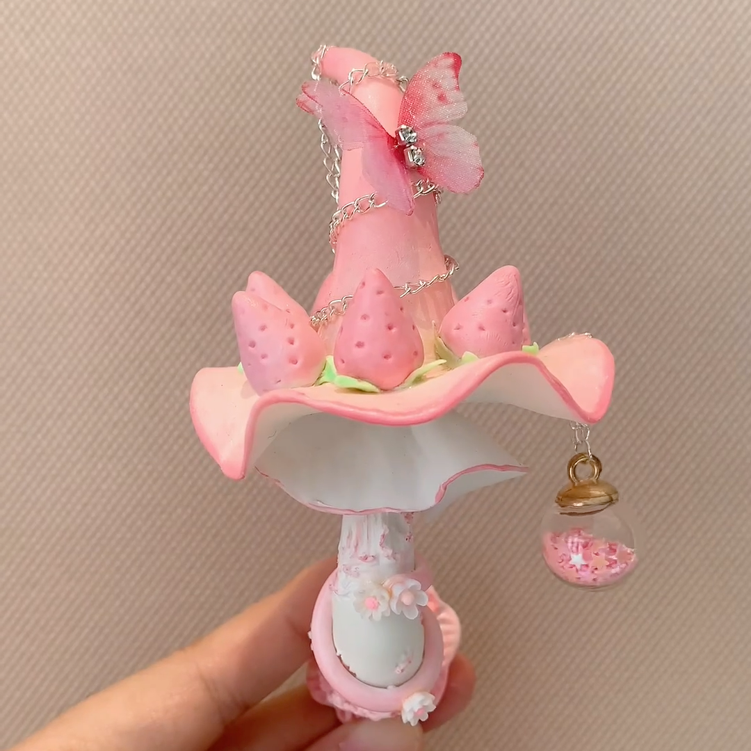 Handcrafted Pink Strawberry Butterfly Mushroom Fridge Magnet