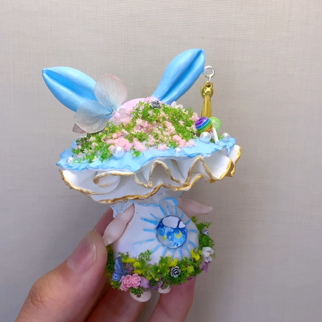 Handcrafted Blue Bunny Ear Fairy Mushroom Fridge Magnet