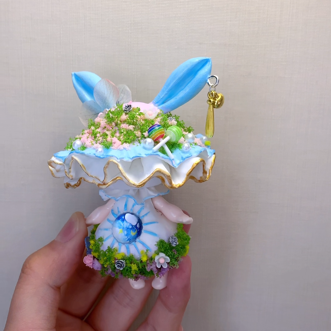 Handcrafted Blue Bunny Ear Fairy Mushroom Fridge Magnet