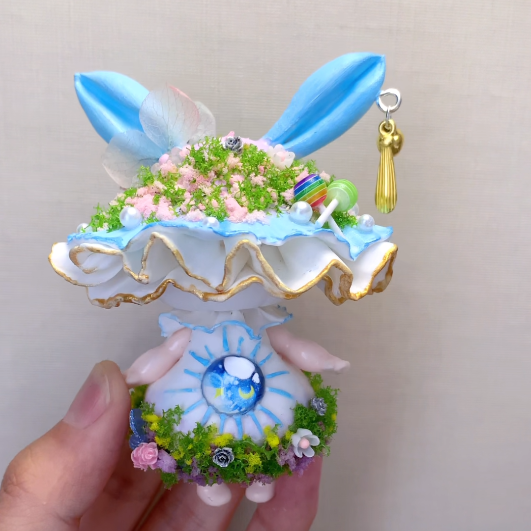Handcrafted Blue Bunny Ear Fairy Mushroom Fridge Magnet